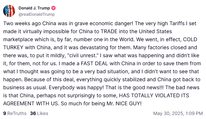🟥 Tarieven: Trump zegt China heeft overeenkomst volledig geschonden